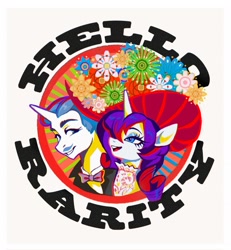 Size: 1895x2048 | Tagged: safe, artist:dearmary, fancypants, rarity, pony, unicorn, alternate hairstyle, duo, duo male and female, female, flower, hat, horn, male, mare, open mouth, open smile, simple background, smiling, stallion, text, white background