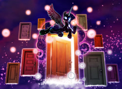 Size: 3253x2384 | Tagged: safe, artist:harwick, tantabus, alicorn, g4, commission, door, dream doors, dreamscape, fanfic art, high res, looking at you, solo, spread wings, wings