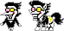 Size: 296x144 | Tagged: safe, artist:creepa-bot inc., earth pony, pony, black hair, deltarune, glasses, male, pixel art, ponified, puppet, smiling, solo, spamton, stallion, style emulation