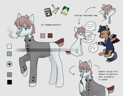 Size: 3200x2500 | Tagged: safe, artist:sivelu, oc, oc only, earth pony, pony, cap, cigarette, clothes, duo, hat, jacket, male, reference sheet, sitting, smoking, stallion