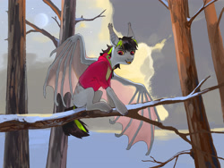 Size: 3814x2861 | Tagged: safe, artist:sivelu, oc, oc only, bat pony, pony, clothes, ear fluff, fangs, hoodie, in a tree, sitting, solo, spread wings, tree, wings