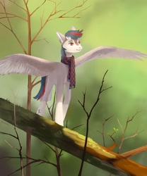Size: 2500x3000 | Tagged: safe, artist:sivelu, oc, oc only, pegasus, pony, clothes, forest, male, nature, scarf, solo, spread wings, stallion, tree, wings