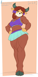 Size: 2250x4500 | Tagged: safe, artist:azuretto, yona, yak, anthro, unguligrade anthro, abs, cheerleader, cheerleader outfit, clothes, female, grin, hand on hip, high res, muscles, muscular female, smiling, solo, wip