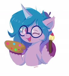 Size: 1873x2048 | Tagged: safe, artist:skylinepony_, izzy moonbow, pony, unicorn, g5, cute, female, glasses, hat, horn, looking at you, mare, one eye closed, paint, paintbrush, palette, simple background, smiling, smiling at you, solo, white background