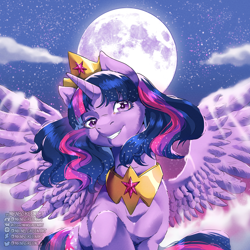 Size: 1920x1920 | Tagged: safe, artist:mrnbgreenart, twilight sparkle, alicorn, pony, g4, crown, female, full moon, grin, jewelry, looking at you, mare, moon, night, peytral, regalia, smiling, smiling at you, solo, spread wings, twilight sparkle (alicorn), wings