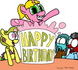 Size: 3351x3023 | Tagged: safe, artist:professorventurer, oc, oc:bikini breeze, oc:claire annette, oc:mr. hooves, oc:pattycake, 25th anniversary, birthday cake, cake, food, grossed out, in memoriam, mr. krabs, popping out of a cake, special thanks, spongebob squarepants