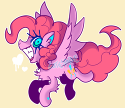 Size: 2208x1904 | Tagged: safe, pinkie pie, pegasus, pony, g4, arm fluff, chest fluff, female, flying, grin, gritted teeth, heart, hoof heart, looking at you, pegasus pinkie pie, race swap, simple background, smiling, solo, spread wings, teeth, underhoof, wide eyes, wings, yellow background
