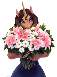 Size: 1400x1883 | Tagged: safe, artist:sparkling_light, oc, unicorn, anthro, bouquet of flowers, clothes, dress, female, flower, horn, solo