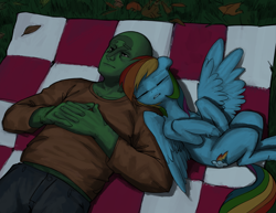 Size: 1200x927 | Tagged: safe, artist:redruin01, rainbow dash, oc, oc:anon, human, pegasus, pony, g4, duo, female, lying down, mare, open mouth, picnic blanket, sleeping