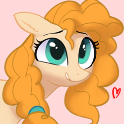 Size: 1000x1000 | Tagged: safe, artist:redruin01, pear butter, earth pony, pony, g4, bust, female, floating heart, heart, mare, pink background, simple background, solo