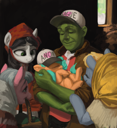 Size: 1500x1644 | Tagged: safe, artist:redruin01, oc, oc only, oc:anon, oc:little league, earth pony, human, pony, baseball cap, cap, female, fine art parody, foal, hat, holding a pony, male, mare, ponified, shawl