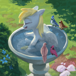 Size: 1000x1000 | Tagged: safe, artist:redruin01, derpy hooves, bird, pegasus, pony, g4, behaving like a bird, bird bath, bush, cute, derpabetes, eyes closed, female, flower, grass, happy, mare, open mouth, outdoors, relaxed, sitting, smiling, solo, sweet dreams fuel, water