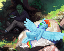 Size: 2000x1600 | Tagged: safe, artist:redruin01, oc, oc:anon, human, pegasus, pony, g4, chest fluff, drawing, duo, eyes closed, female, lying down, mare, notebook, sitting, spread wings, sunbathing, wings