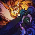 Size: 1600x1600 | Tagged: safe, artist:tkotu434, daybreaker, nightmare moon, alicorn, pony, g4, antagonist, armor, black background, blue eyes, blue mane, colored pupils, crown, digital art, duo, duo female, ethereal mane, eyelashes, eyeshadow, fangs, feather, female, flowing mane, gem, helmet, horn, jewelry, lidded eyes, looking at you, makeup, mane of fire, mare, open mouth, open smile, partially open wings, peytral, regalia, siblings, signature, simple background, sisters, slit pupils, smiling, smiling at you, sparkles, spread wings, starry mane, stars, teeth, villainess, wing armor, wings, yellow eyes