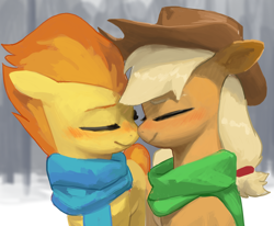 Size: 2424x2000 | Tagged: safe, artist:redruin01, applejack, spitfire, earth pony, pegasus, pony, applejack's hat, blushing, clothes, cowboy hat, duo, female, hat, lesbian, nose to nose, scarf, ship:applefire, shipping, snow, winter