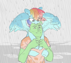 Size: 2000x1782 | Tagged: safe, artist:redruin01, rainbow dash, oc, oc:anon, human, pegasus, pony, g4, cute, duo, duo male and female, female, looking at each other, looking at someone, male, mare, piggyback ride, rain, smiling, smiling at each other, wing shelter, wings