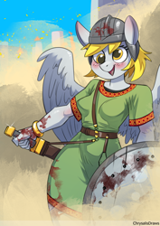 Size: 848x1200 | Tagged: safe, artist:chrysalisdraws, derpy hooves, pegasus, anthro, blood, cross-eyed, female, helmet, open mouth, shield, solo, sword, weapon
