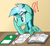 Size: 2000x1833 | Tagged: safe, artist:notadeliciouspotato, oc, oc only, oc:wavewind, pegasus, pony, g4, book, confused, exclamation point, gradient background, interrobang, male, notebook, pencil, question mark, signature, solo, stallion, table