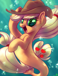 Size: 2550x3300 | Tagged: safe, artist:whitediamonds, applejack, earth pony, seapony (g4), g4, applejack's hat, bubble, commission, cowboy hat, cute, freckles, hat, high res, jackabetes, looking at you, open mouth, open smile, seaponified, seapony applejack, signature, smiling, smiling at you, solo, species swap, underwater, water