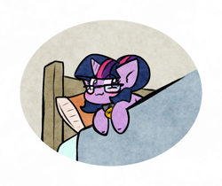 Size: 1448x1218 | Tagged: safe, artist:zutcha, sci-twi, twilight sparkle, pony, unicorn, g4, :3, bed, blush sticker, blushing, collar, cute, eye clipping through hair, female, glasses, horn, mare, on bed, pet tag, pettwi, pony pet, simple background, solo, twiabetes, twilight cat, unicorn sci-twi, unicorn twilight, white background