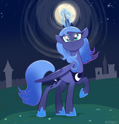 Size: 2254x2352 | Tagged: safe, artist:pfeffaroo, princess luna, alicorn, pony, g4, female, folded wings, full moon, glowing, glowing horn, high res, hoof shoes, horn, magic, magic aura, mare, moon, night, night sky, outdoors, peytral, princess shoes, raised hoof, sky, solo, wings