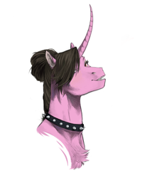 Size: 916x1143 | Tagged: safe, artist:penrosa, oc, oc only, pony, unicorn, bust, chest fluff, choker, commission, curved horn, ear piercing, earring, female, horn, jewelry, mare, piercing, simple background, solo, spiked choker, white background