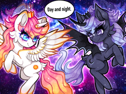 Size: 960x719 | Tagged: safe, artist:natures_love, alicorn, pony, blue eyes, duo, female, galaxy, mare