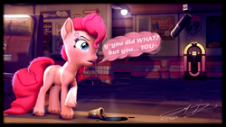 Size: 3840x2160 | Tagged: safe, artist:monarchy01, pinkie pie, earth pony, pony, 3d, coffee, cross-popping veins, dialogue, drink, emanata, jukebox, microphone, solo, speech bubble, spilled drink, unshorn fetlocks