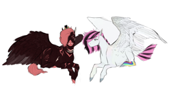 Size: 1593x870 | Tagged: safe, artist:penrosa, oc, oc only, oc:dark chocolate cherry scarfire, oc:diamond prism, bat pony, hybrid, pegasus, pony, zony, duo, female, hat, lying down, mare, prone, scar, simple background, spread wings, top hat, tusk, white background, wings