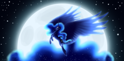 Size: 8893x4380 | Tagged: safe, artist:ihmislehma, princess luna, alicorn, pony, g4, colored, concave belly, ethereal mane, ethereal tail, female, flying, impossibly large wings, impossibly long tail, large wings, lighting, long mane, long tail, mare, moon, princess, shading, signature, slender, solo, spread wings, stars, tail, tall, thin, turned head, wings