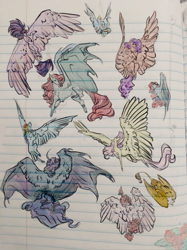 Size: 953x1274 | Tagged: safe, artist:penrosa, fluttershy, gilda, rainbow dash, twilight sparkle, oc, alicorn, bat pony, bat pony alicorn, griffon, pony, g4, bat wings, chest fluff, colored sketch, curved horn, female, horn, lined paper, mare, sketch, sketch dump, spread wings, study, traditional art, twilight sparkle (alicorn), unshorn fetlocks, wings