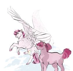 Size: 1581x1535 | Tagged: safe, artist:penrosa, oc, oc only, pegasus, pony, chest fluff, duo, eye clipping through hair, eyebrows, eyebrows visible through hair, female, flying, mare, spread wings, unshorn fetlocks, wings