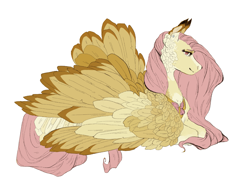 Size: 1249x931 | Tagged: safe, artist:penrosa, fluttershy, pegasus, pony, g4, alternate design, feathered, feathered wings, female, looking at you, lying down, mare, peytral, prone, simple background, solo, white background, wings