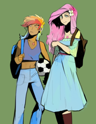 Size: 694x901 | Tagged: safe, artist:penrosa, fluttershy, rainbow dash, human, g4, backpack, duo, ear piercing, earring, female, football, green background, humanized, jewelry, lesbian, necklace, piercing, ship:flutterdash, shipping, simple background, sports, tan skin