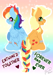 Size: 1920x2716 | Tagged: safe, artist:julunis14, applejack, rainbow dash, earth pony, pegasus, pony, g4, applebutt, back to back, braid, braided tail, butt, cute, dashabetes, duo, duo female, female, gradient background, heart, intertwined tails, jackabetes, lesbian, looking at each other, looking at someone, looking back, mare, married couple, no outlines, open mouth, open smile, plot, rainbow background, rainbutt dash, ship:appledash, shipping, signature, sitting, smiling, sparkly background, tail, text, wedding band