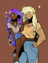 Size: 634x832 | Tagged: safe, artist:penrosa, applejack, rarity, human, blushing, brown background, carrying, clothes, dark skin, duo, ear piercing, earring, female, humanized, jewelry, lesbian, muscles, muscular female, necklace, one eye closed, piercing, ship:rarijack, shipping, simple background, skirt, wink