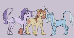Size: 1920x997 | Tagged: safe, artist:penrosa, starlight glimmer, sunset shimmer, trixie, classical unicorn, pony, unicorn, g4, chest fluff, cloven hooves, curved horn, facial hair, female, goatee, horn, leonine tail, mare, simple background, trio, unshorn fetlocks