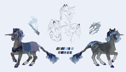 Size: 1184x675 | Tagged: safe, artist:penrosa, oc, oc only, oc:nebulous night, pony, unicorn, armor, commission, female, helmet, horn, magic, mare, peytral, reference sheet, simple background, solo