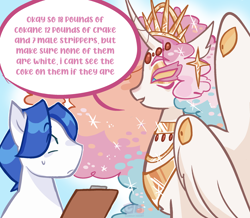 Size: 2048x1786 | Tagged: safe, artist:clarissasbakery, princess celestia, alicorn, earth pony, pony, g4, alternate design, clipboard, colored sclera, crown, dialogue, duo, duo male and female, eye clipping through hair, eyes do not belong there, female, implied drug use, jewelry, male, mare, master chief and luna hanging out, meme, multiple eyes, regalia, speech bubble, wing eyes, yellow sclera