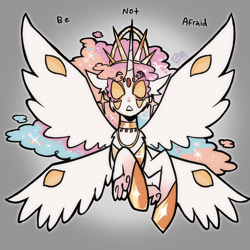 Size: 2048x2048 | Tagged: safe, artist:clarissasbakery, princess celestia, alicorn, angel, pony, alternate design, be not afraid, biblically accurate angels, blank eyes, colored sclera, crown, eyes do not belong there, female, gradient background, jewelry, looking at you, mare, multiple eyes, multiple wings, regalia, solo, spread wings, talking to viewer, wing eyes, wings, yellow sclera