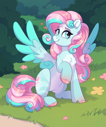 Size: 2086x2480 | Tagged: safe, artist:skysorbett, oc, oc only, pegasus, pony, bush, coat markings, commission, female, flower, grass, looking at you, mare, pegasus oc, raised hoof, sitting, smiling, solo, spread wings, wings