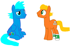 Size: 2584x1712 | Tagged: safe, artist:memeartboi, earth pony, pegasus, pony, adult, brothers, clothes, darwin watterson, duo, duo male, gumball watterson, happy, male, nervous, older, ponified, sibling, sibling bonding, siblings, simple background, smiling, socks, stallion, the amazing world of gumball, white background