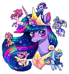 Size: 600x650 | Tagged: safe, artist:suippumato, applejack, fluttershy, pinkie pie, rainbow dash, rarity, spike, twilight sparkle, alicorn, dragon, earth pony, pegasus, pony, unicorn, g4, blush sticker, blushing, bust, clothes, eyes closed, female, granny smith's shawl, horn, looking at you, male, mane seven, mane six, mare, older, older applejack, older fluttershy, older mane seven, older mane six, older pinkie pie, older rainbow dash, older rarity, older spike, older twilight, older twilight sparkle (alicorn), open mouth, open smile, princess twilight 2.0, rearing, scarf, simple background, smiling, smiling at you, spread wings, transparent background, twilight sparkle (alicorn), winged spike, wings