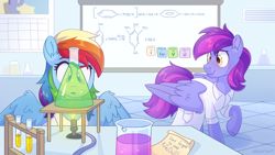 Size: 2560x1440 | Tagged: safe, artist:skysorbett, rainbow dash, oc, oc:sea wave, pegasus, pony, g4, chemistry, clothes, duo, duo male and female, female, flask, formula, indoors, lab coat, laboratory, looking at someone, male, mare, open mouth, partially open wings, pegasus oc, raised hoof, science, stallion, table, test tube, wings