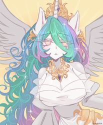 Size: 3300x4000 | Tagged: safe, artist:hinorica, princess celestia, alicorn, anthro, g4, bare shoulders, big breasts, breasts, busty princess celestia, cleavage, clothes, cutie mark eyes, dress, eye clipping through hair, eyebrows, eyebrows visible through hair, female, high res, huge breasts, looking at you, mare, simple background, solo, spread wings, wingding eyes, wings, yellow background