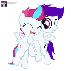 Size: 3600x3600 | Tagged: safe, artist:ramixe dash, zipp storm, oc, oc:lightning stars, pegasus, pony, g4, g5, base used, colt, duo, female, filly, flying, foal, g5 to g4, generation leap, hug, male, mare, signature, simple background, stallion, transparent background, watermark