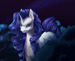Size: 2127x1732 | Tagged: safe, artist:chayfurry, rarity, pony, unicorn, g4, blue eyes, blue mane, blue tail, cloud, curly mane, curly tail, digital art, eyelashes, female, forest, high res, horn, lidded eyes, looking at you, mare, moonlight, nature, night, signature, sky, smiling, smiling at you, solo, stars, tail, tree, walking