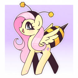 Size: 1750x1750 | Tagged: safe, artist:vivian reed, fluttershy, pegasus, pony, animal costume, bee costume, blushing, border, clothes, costume, cute, female, flutterbee, gradient background, halftone effect, heart, heart eyes, mare, open mouth, open smile, outline, shyabetes, smiling, solo, white outline, wingding eyes
