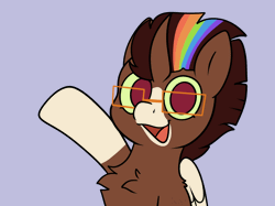 Size: 1348x1007 | Tagged: safe, artist:bluemoon, oc, oc only, oc:bluebook, alicorn, pony, animated, blue background, coat markings, curved horn, gif, glasses, horn, looking at you, multicolored hair, open mouth, rainbow hair, simple background, smiling, smiling at you, socks (coat markings), solo, waving