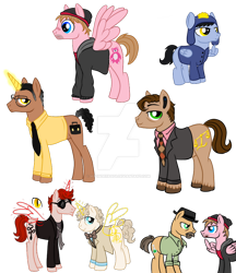 Size: 830x962 | Tagged: safe, artist:moondeer1616, earth pony, pegasus, pony, unicorn, aziraphale, blank flank, breaking bad, clothes, craig tucker, crossover, crowley, cutie mark, deviantart watermark, glowing, glowing horn, good omens, gus fring, horn, jesse pinkman, male, obtrusive watermark, ponified, saul goodman, simple background, south park, transparent background, walter white, watermark